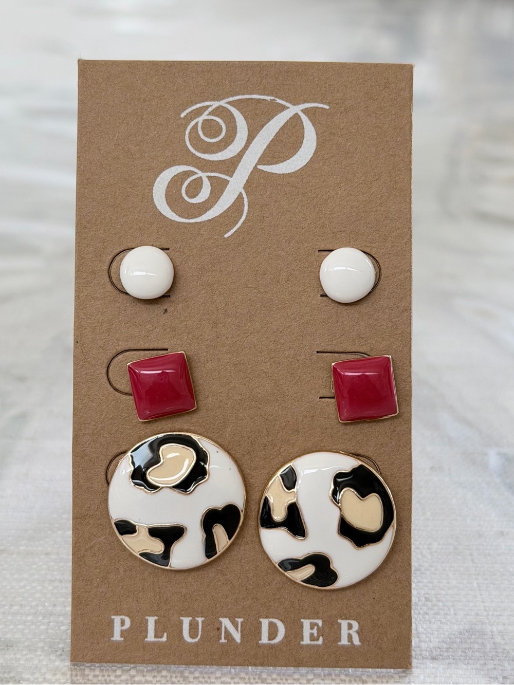 Plunder Three-Pair Stud Earring Set — White, Red and cheetah